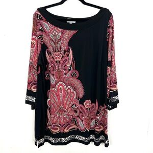 JM Collection Jersey Stretch Knit Tunic Top Paisley Print Black Pink 2X